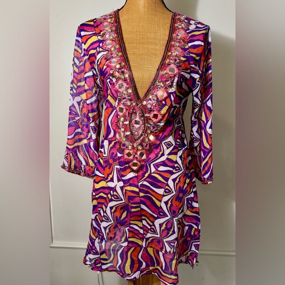 Women's Solitaire Boho Beaded Tunic Swimsuit Cover Up V Neck Medium